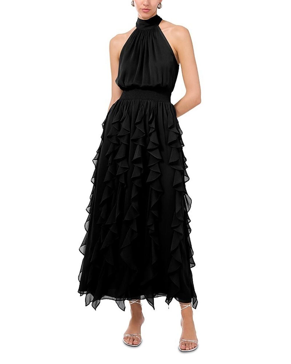1.STATE Women's Smocked Cascade-Ruffle Halter Maxi Dress Black Size L 3442